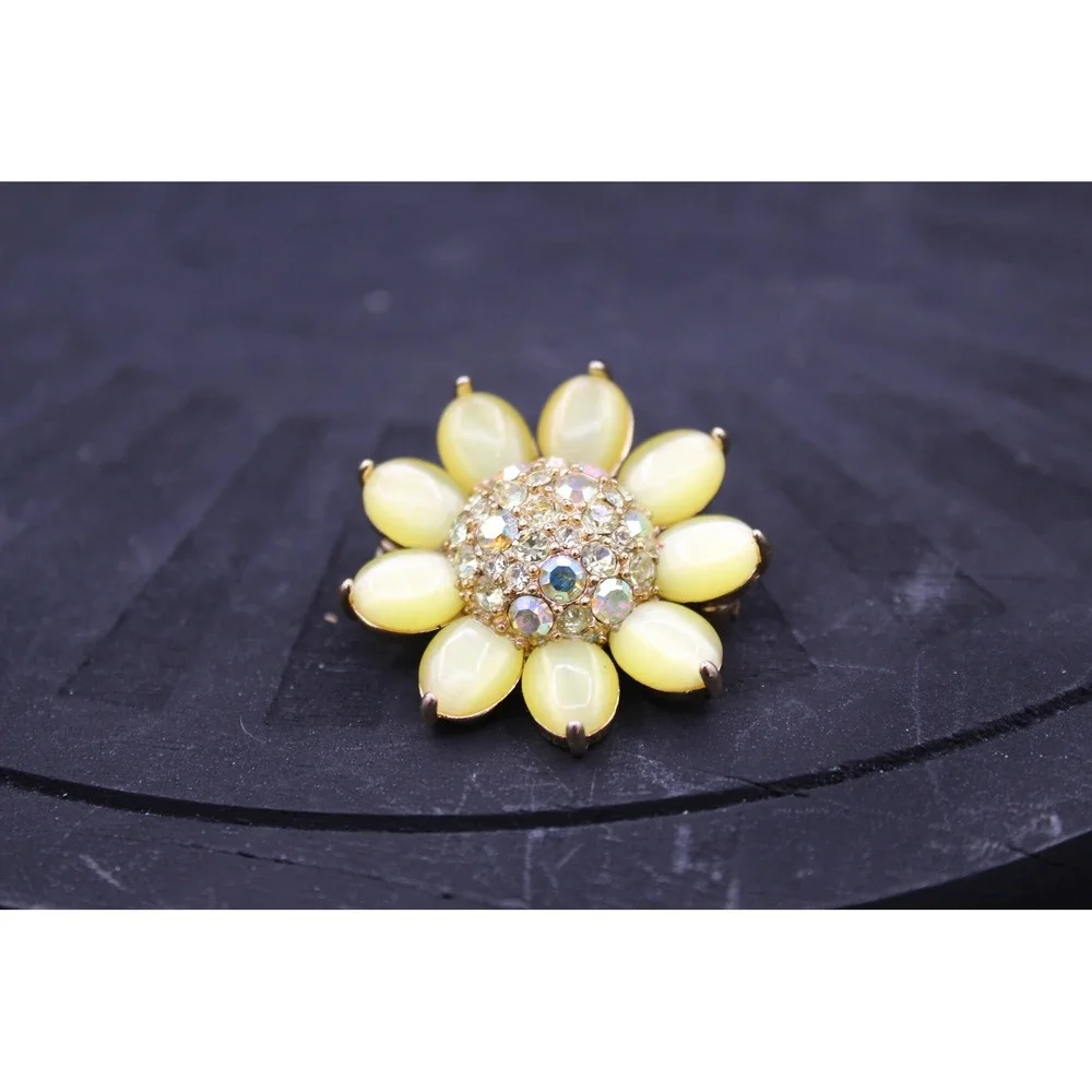Vintage Monet Flower Brooch, Yellow Cabochons & Aurora Borealis Crystals